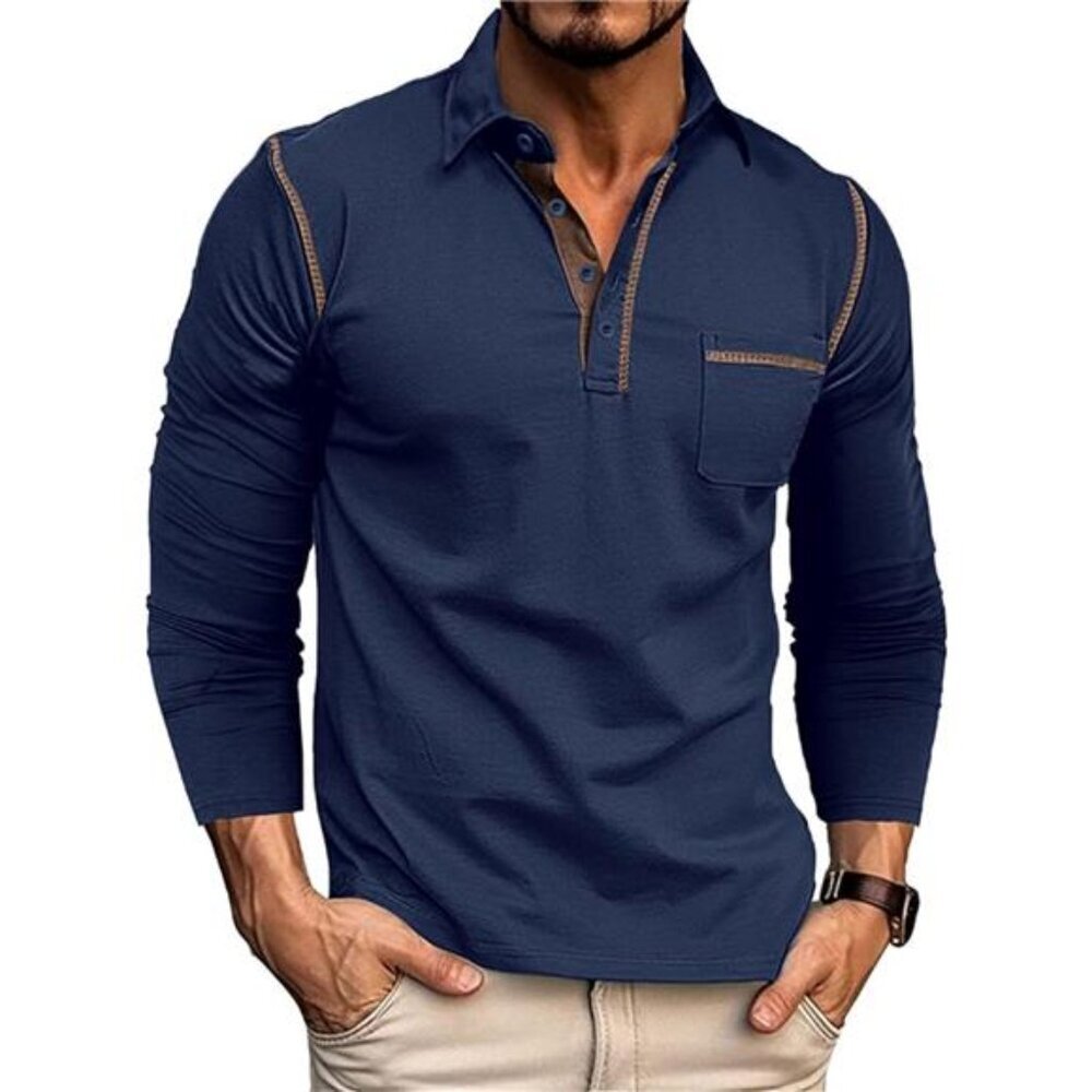 Men's Casual Polo Long Sleeve Navy T-Shirt